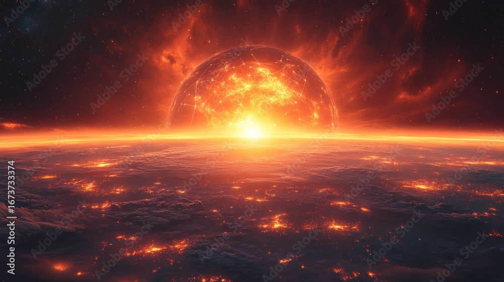 Fototapeta premium Fiery sun rises over a burning world