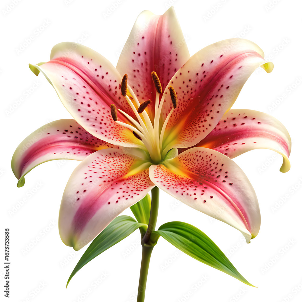 Naklejka premium Beautiful pink and white stargazer lily flower with delicate petals and green stem isolated on transparent background