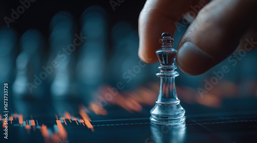 Glass chess piece placed on a financial chart, strategy and investment concept