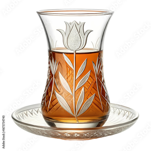 Elegant Turkish Tea Glass with Etched Tulip Design