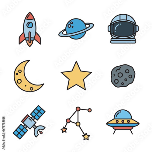 Cosmic icons illustrate space exploration in vector format