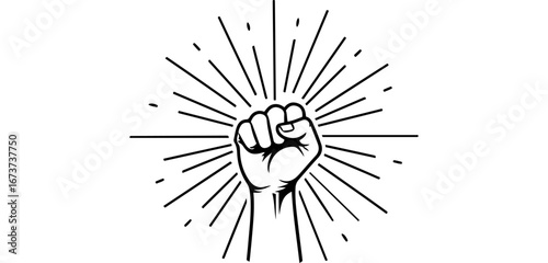 Vector art of black and white illustration of a clenched fist with radiating lines