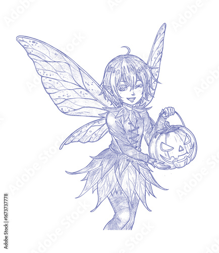 Whimsical Anime Fairy Character in Leafy Attire Holding Halloween Jack-o'-Lantern