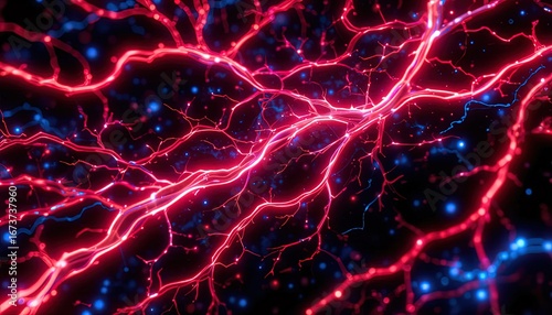 A vibrant network of glowing, branching structures in striking red and blue hues against a dark background.