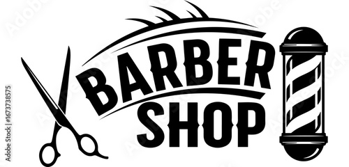 Vector art of vintage barber shop logo with scissors and barbershop pole