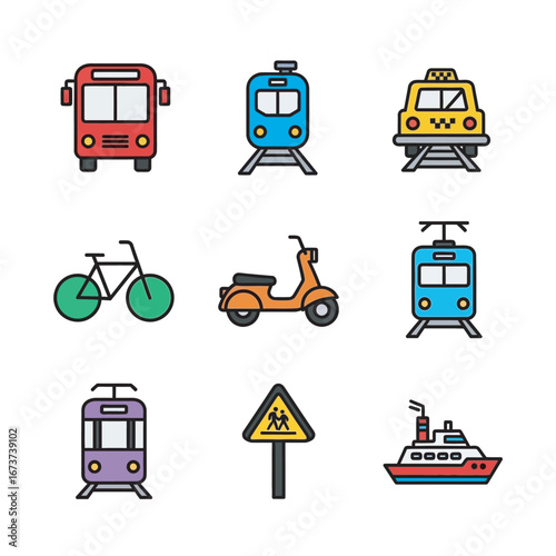Colorful transports display various travel modes on white