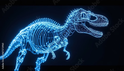 A digital rendering showcases a glowing, transparent Tyrannosaurus Rex skeleton, emphasizing the intricate bone structure with vibrant light-blue hues against a stark black backdrop.