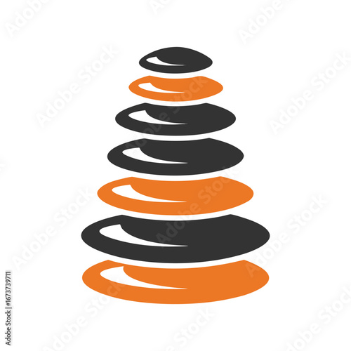 Stacked smooth oval stones in orange and dark grey colors rock balance