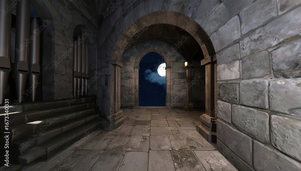 Fototapeta premium Mysterious stone archway leading to a moonlit night, evoking historical and gothic vibes