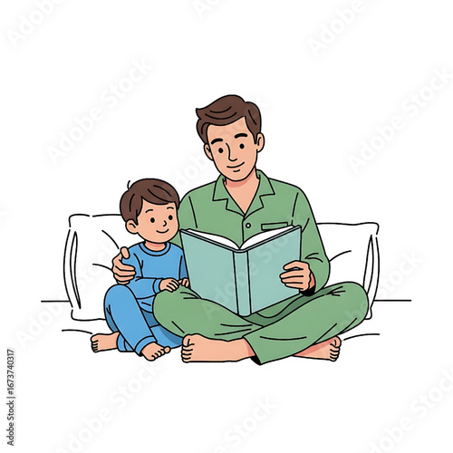 Father Reading a Book to His Son on the Bed Cozy Family Time Vector Illustration