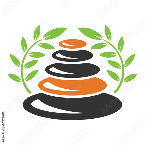 Stacked smooth stones with green leaves on white background pebble balance 1