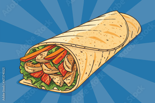 Vibrant poster background, detailed close-up of a perfectly grilled shawarma wrap sliced open, revealing succulent meat and fresh vegetables.