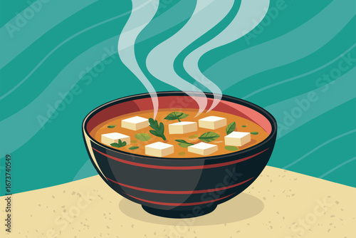 A warm, inviting poster background featuring a steaming, authentic miso soup bowl, perfect for culinary promotions.