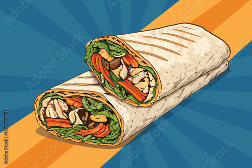 A vibrant poster background showcasing a perfectly grilled shawarma wrap, artfully sliced to reveal succulent meat, fresh vegetables, and creamy sauce.