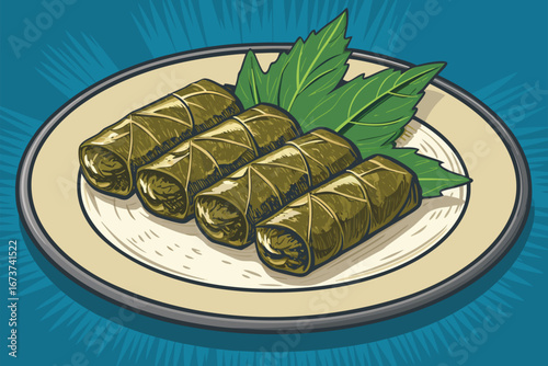 A vibrant, textured background featuring artfully arranged, plump stuffed grape leaves, dolma, showcasing culinary artistry.