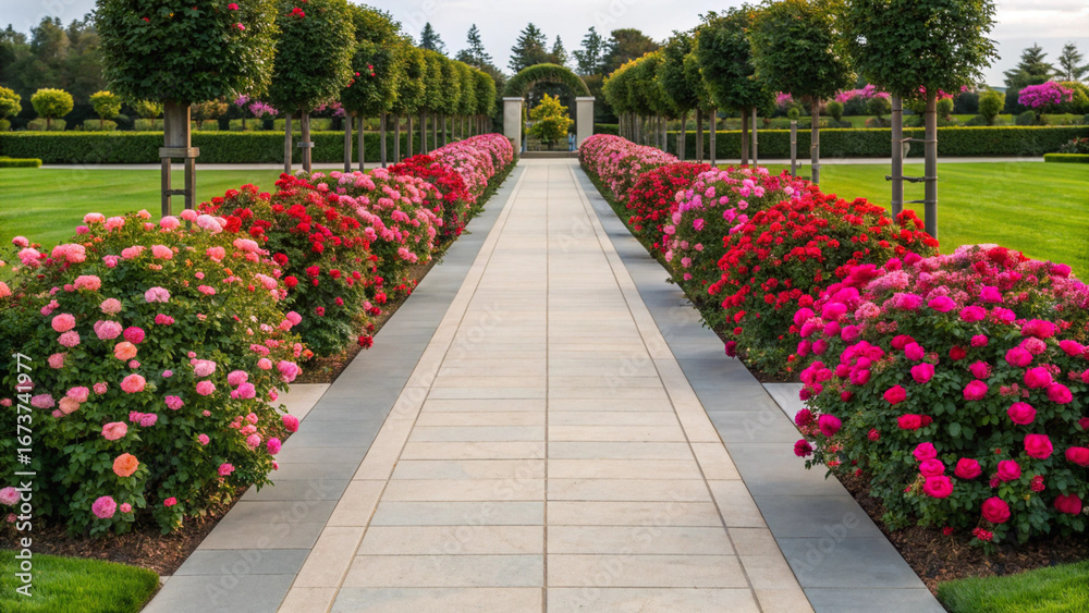 Obraz premium Formal Garden Pathway Lined with Rows of Blooming Pink and Red Roses and Topiary Trees flowers