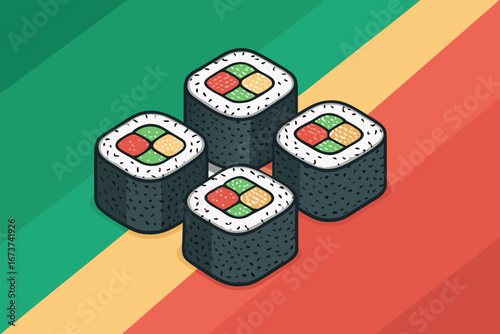 Vibrant poster background showcasing detailed cross-sections of assorted fresh sushi rolls, vibrant colors, food photography, delicious.