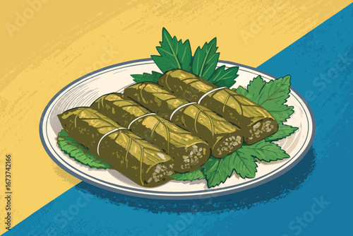 Textured poster background featuring appetizing stuffed grape leaves dolmades, olives, lemon slices, and herbs.