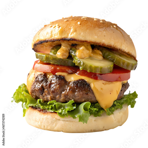 Juicy Cheeseburger: Gourmet Burger with Pickles, Lettuce, and Tomato