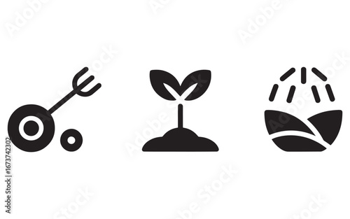 Illustrations Showcasing Gardening and Agriculture with a Pitchfork, Seedling, and Fertilization Icons Against a White Background Symbolizing Cultivation and Growth