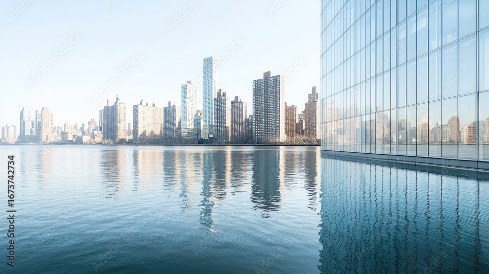 Naklejka premium City skyline reflected in calm water.
