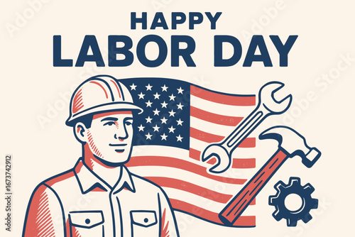 Retro riso style vintage illustration of worker with American flag wrench hammer and gear for Labor Day holiday