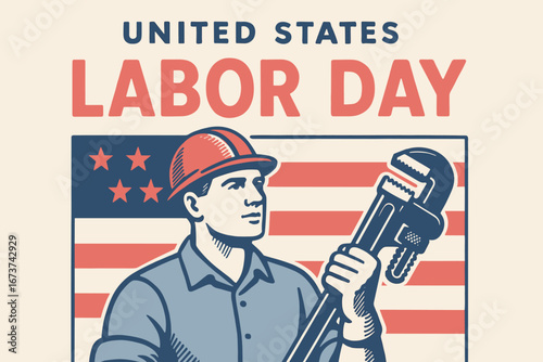 Retro riso style vintage illustration of worker holding wrench in front of American flag for Labor Day celebration