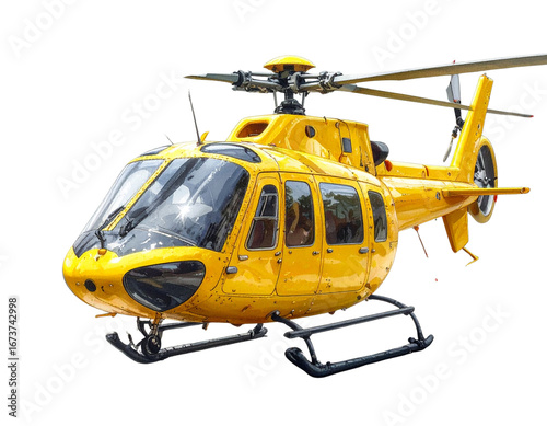 3D Render of a Yellow Toy Helicopter with Rotating Blades, Front Perspective, Isolated on Transparent Background