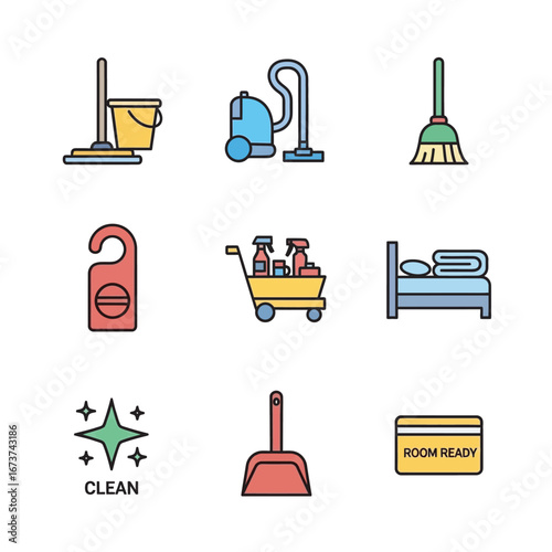 Cleaning tools symbolize housekeeping chores at hotel service