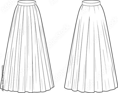 Long skirt technical fashion sketch, flat vector illustration, pleated and gathered styles, apparel design template, CAD drawing, garment silhouette