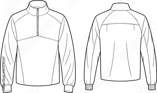 Pullover jacket technical sketch, long sleeve design, flat vector illustration, cad drawing, fashion template, athletic wear, garment construction, apparel