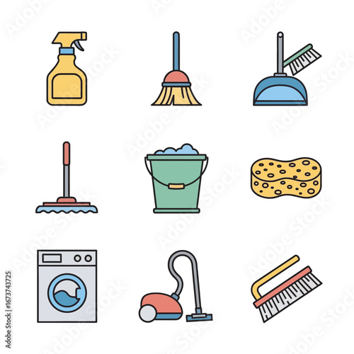 Cleaning supplies collection depicts tools on white surface.