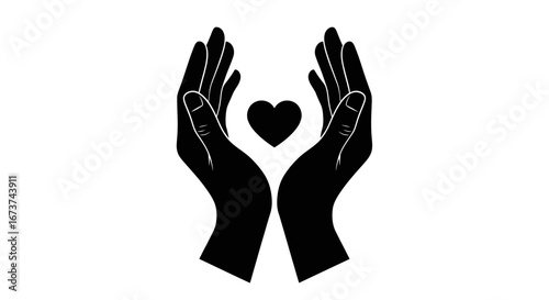 Two Black Silhouette Hands Cupping a Black Heart Symbol.