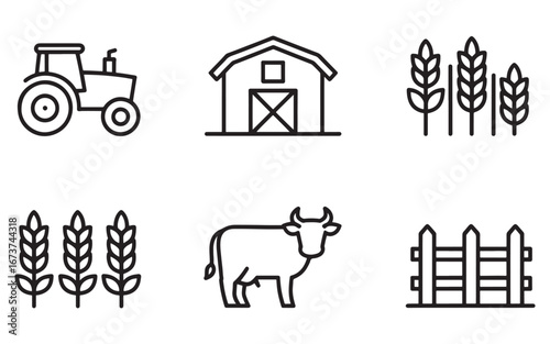 Farm Life Icons A Glimpse into Agriculture with Barns, Tractors, Crops, Cows and Fences Depicted in Line Art