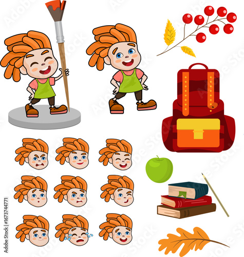 a schoolboy character with a set of emotions and school supplies