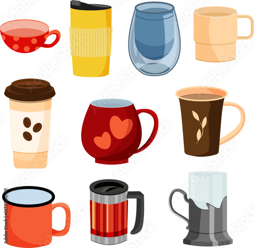 a set of different types of mugs on a white background in a flat style