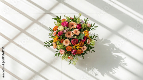 Overhead view of a vibrant mixed flower bouquet with sunlight casting shadows on a white tiled surface