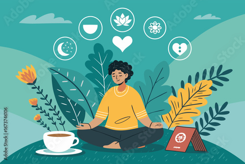 Serene self-care poster, person in calm embrace, surrounded by lush plants, tranquil, restorative, inner peace, mindfulness.