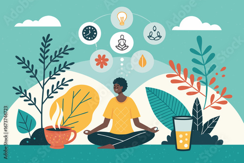 Visually striking self-care poster, featuring a serene individual enveloped by lush, therapeutic plants, promoting inner peace and well-being.
