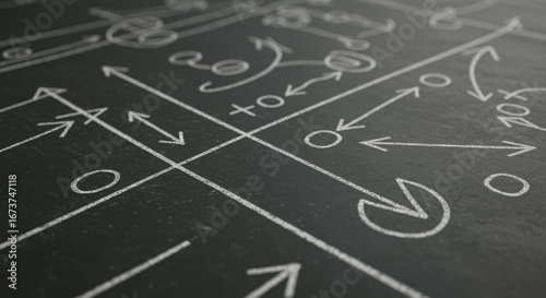 Tactical Playbook Diagram on Dark Surface with Strategy Lines and Arrows