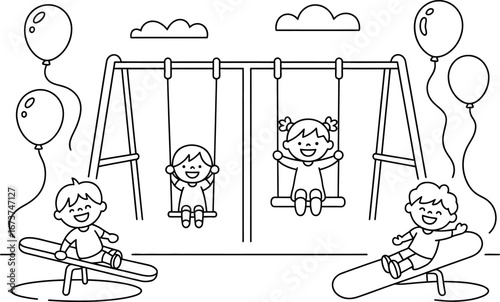 Happy children playing on swings and seesaw; cheerful playground illustration.