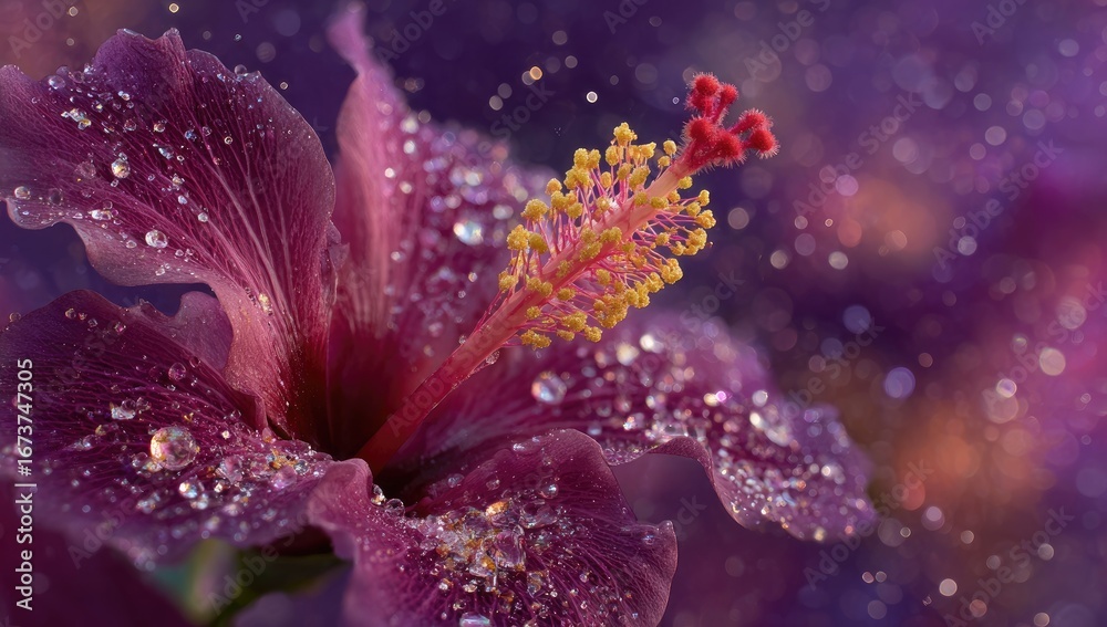 Fototapeta premium Dew-kissed purple flower with yellow stamen on bokeh background with glittering spots