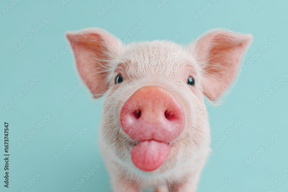 Fototapeta premium Portrait of pig stick out tongue. Ai generative art
