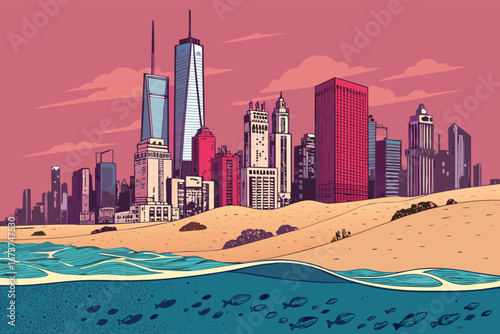 -poster-of-city-skyline-with-half-underwater-and-h.eps