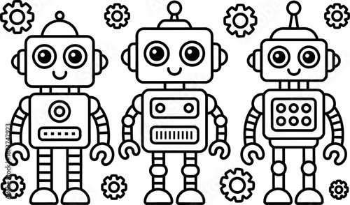Adorable cartoon robots, black and white line art, friendly, playful mood, children's illustration.