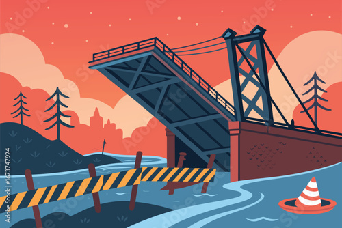 Poster depicting a collapsed bridge post-flood, warning of danger and devastation.