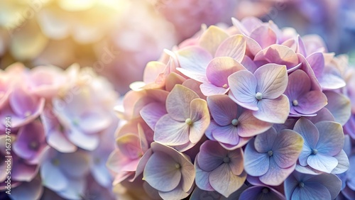Macro photograph of soft pastel hydrangea blooms delicate flowers in gentle sunlight