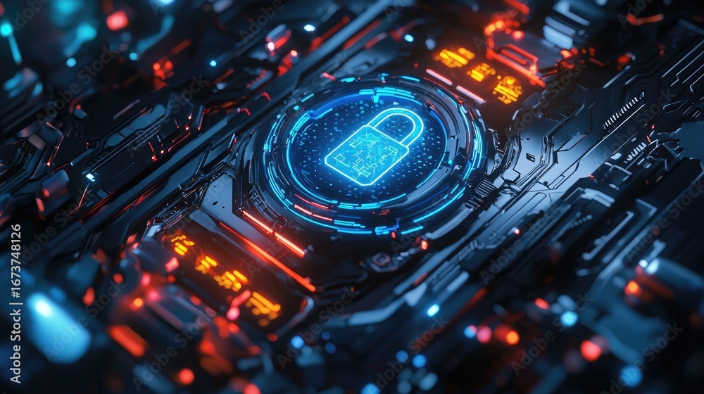 Fototapeta premium Close-up view of a futuristic circuit board with a glowing lock symbol.