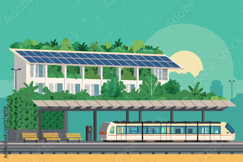 Eye-catching eco train station poster showcasing lush vertical gardens, sustainable transport hubs, nature integrated, futuristic design, urban greening initiatives.
