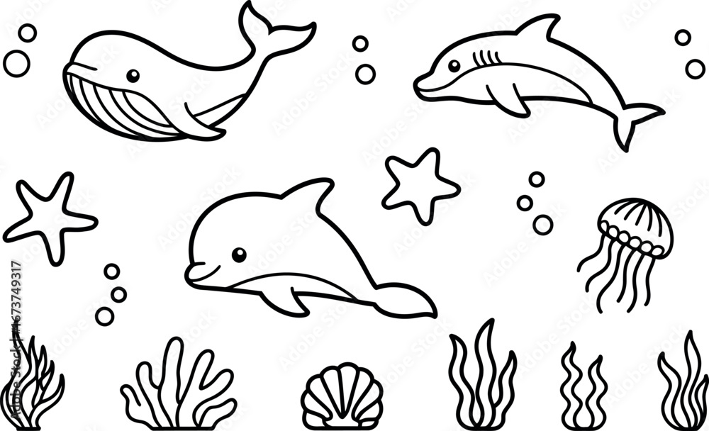 Naklejka premium Cute Cartoon Ocean Animals: Whale, Dolphins, Starfish, Seaweed, Shell, Jellyfish